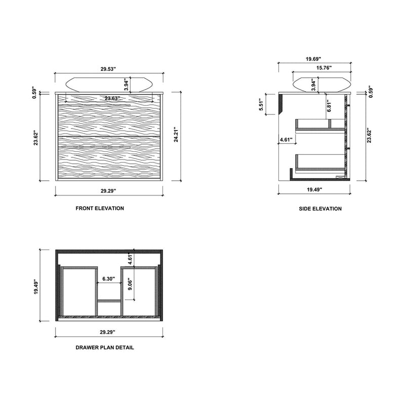 Goreme 2 Drawers Bathroom Vanity with Solid Surface Top and Vessel Sink - Wall Mount - 30" Wood/Smoke Gray Oak
