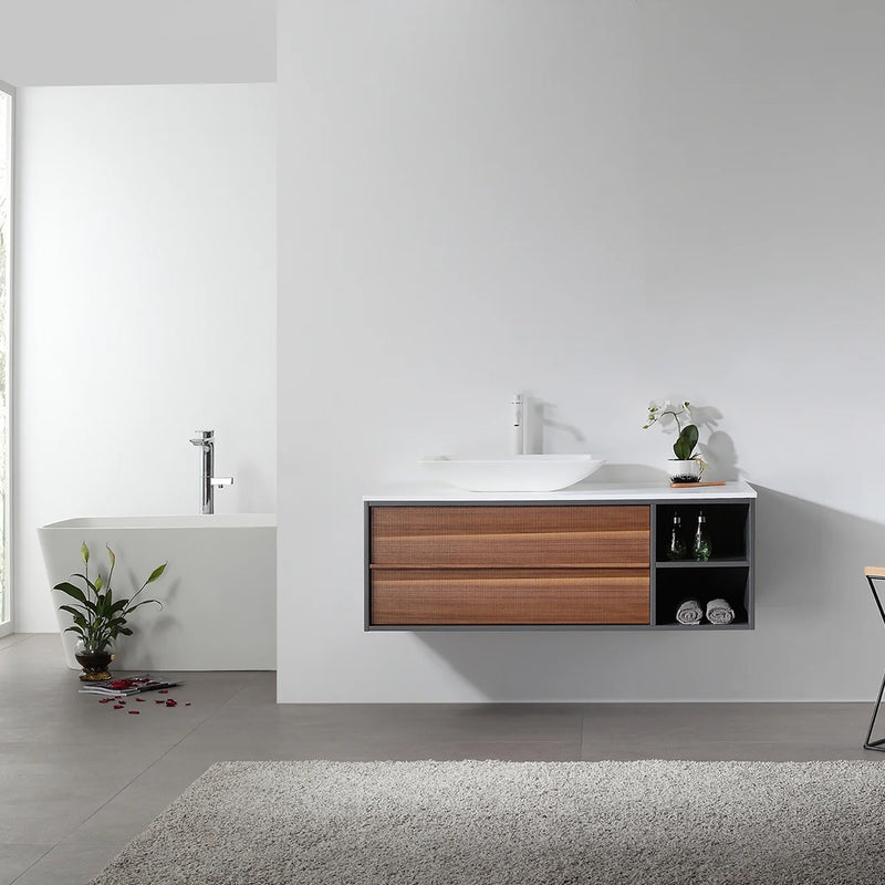 Goreme 2 Drawers And 2 Open Shelf Bathroom Vanity with Solid Surface Top and Vessel Sink - Wall Mount - 48" Wood/Walnut/Dark Gray