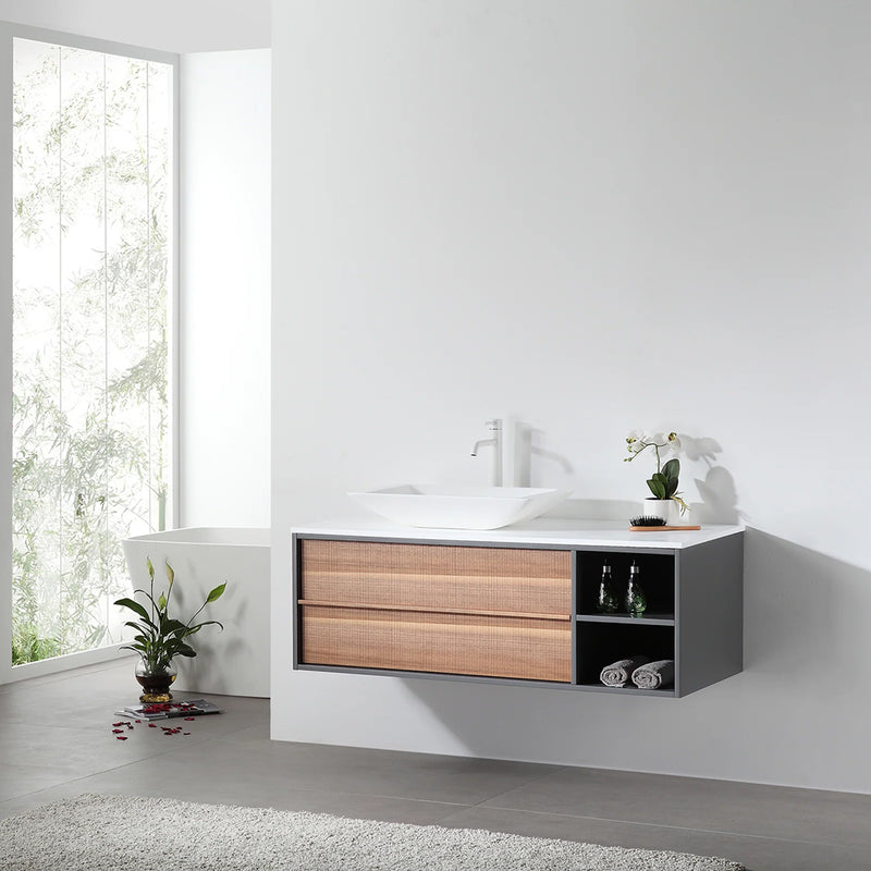 Goreme 2 Drawers And 2 Open Shelf Bathroom Vanity with Solid Surface Top and Vessel Sink - Wall Mount - 48" Wood/Walnut/Dark Gray