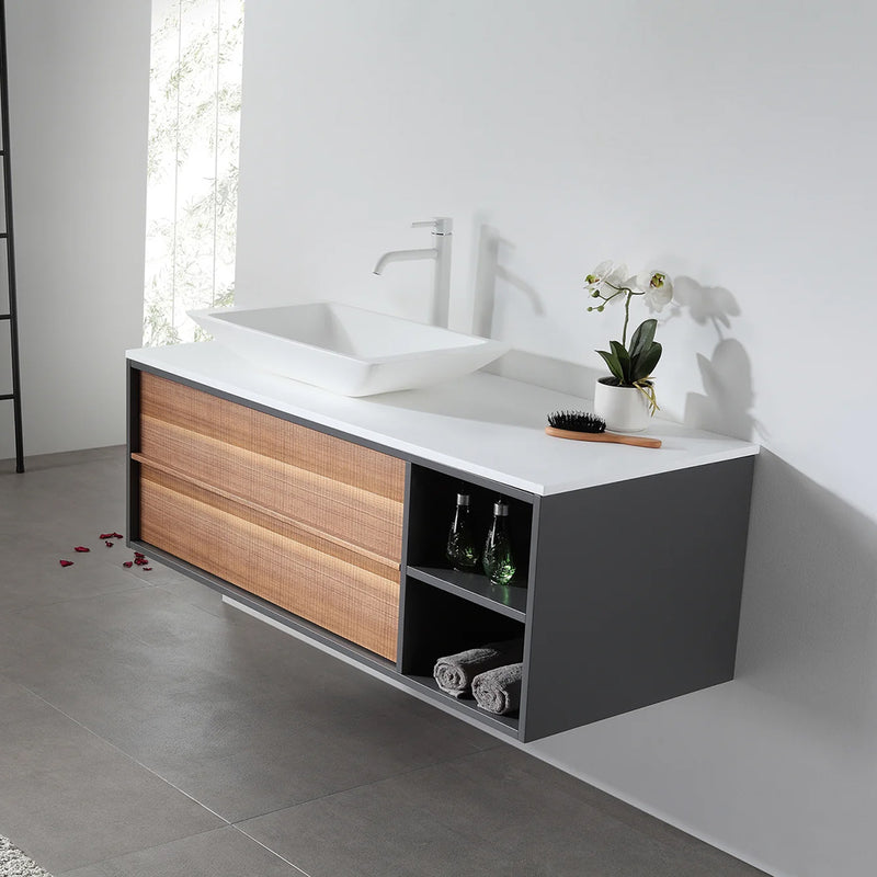Goreme 2 Drawers And 2 Open Shelf Bathroom Vanity with Solid Surface Top and Vessel Sink - Wall Mount - 48" Wood/Walnut/Dark Gray