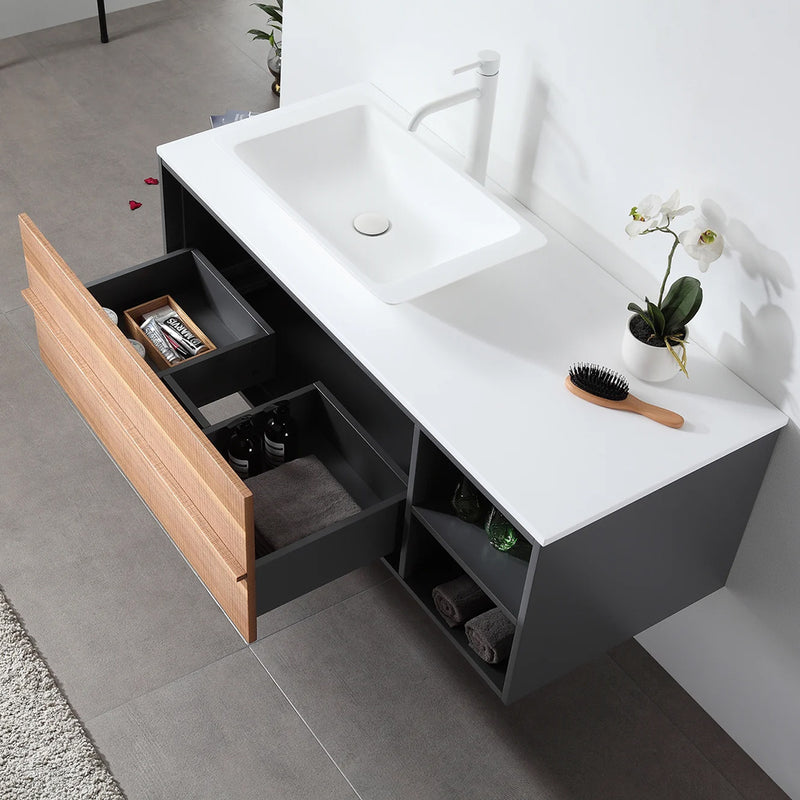 Goreme 2 Drawers And 2 Open Shelf Bathroom Vanity with Solid Surface Top and Vessel Sink - Wall Mount - 48" Wood/Walnut/Dark Gray