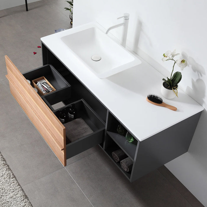 Goreme 2 Drawers And 2 Open Shelf Bathroom Vanity with Solid Surface Top and Vessel Sink - Wall Mount - 48" Wood/Walnut/Dark Gray
