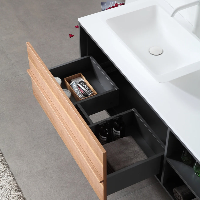 Goreme 2 Drawers And 2 Open Shelf Bathroom Vanity with Solid Surface Top and Vessel Sink - Wall Mount - 48" Wood/Walnut/Dark Gray