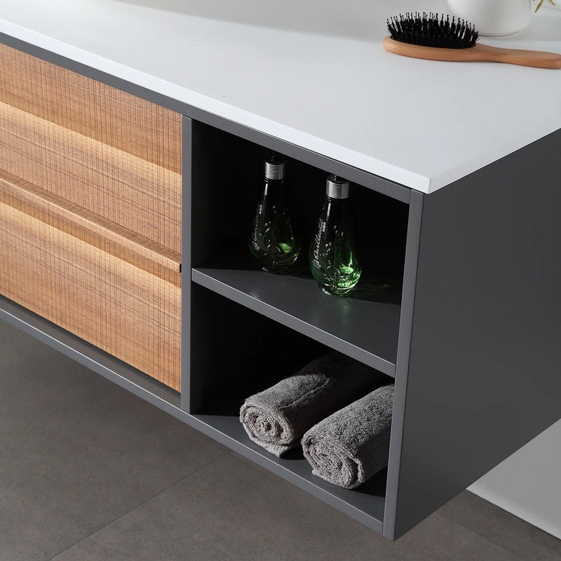 Goreme 2 Drawers And 2 Open Shelf Bathroom Vanity with Solid Surface Top and Vessel Sink - Wall Mount - 48" Wood/Walnut/Dark Gray