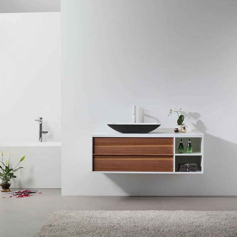 Goreme 2 Drawers And 2 Open Shelf Bathroom Vanity with Solid Surface Top and Vessel Sink - Wall Mount - 48" Wood/Walnut/White