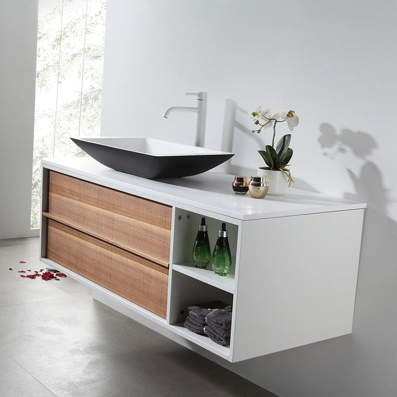 Goreme 2 Drawers And 2 Open Shelf Bathroom Vanity with Solid Surface Top and Vessel Sink - Wall Mount - 48" Wood/Walnut/White