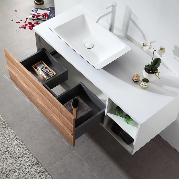 Goreme 2 Drawers And 2 Open Shelf Bathroom Vanity with Solid Surface Top and Vessel Sink - Wall Mount - 48" Wood/Walnut/White