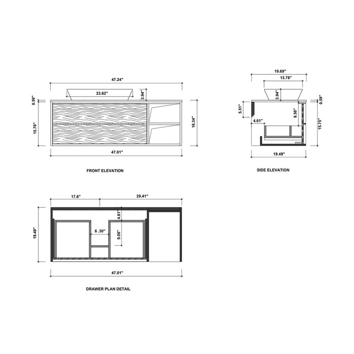 Goreme 2 Drawers And 2 Open Shelf Bathroom Vanity with Solid Surface Top and Vessel Sink - Wall Mount - 48" Wood/Walnut/White