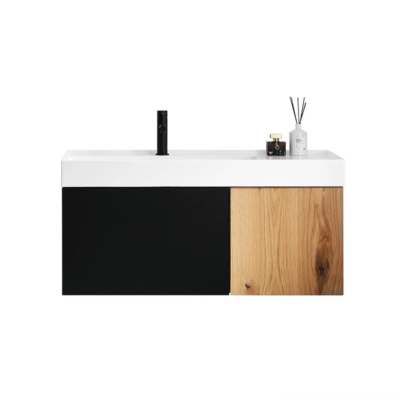 Lugano 2 Drawers Bathroom Vanity with Acrylic Sink - Wall Mount - 42" Wood/Matte Black Glass/Maple