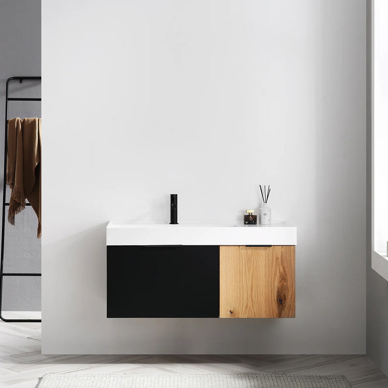 Lugano 2 Drawers Bathroom Vanity with Acrylic Sink - Wall Mount - 42" Wood/Matte Black Glass/Maple