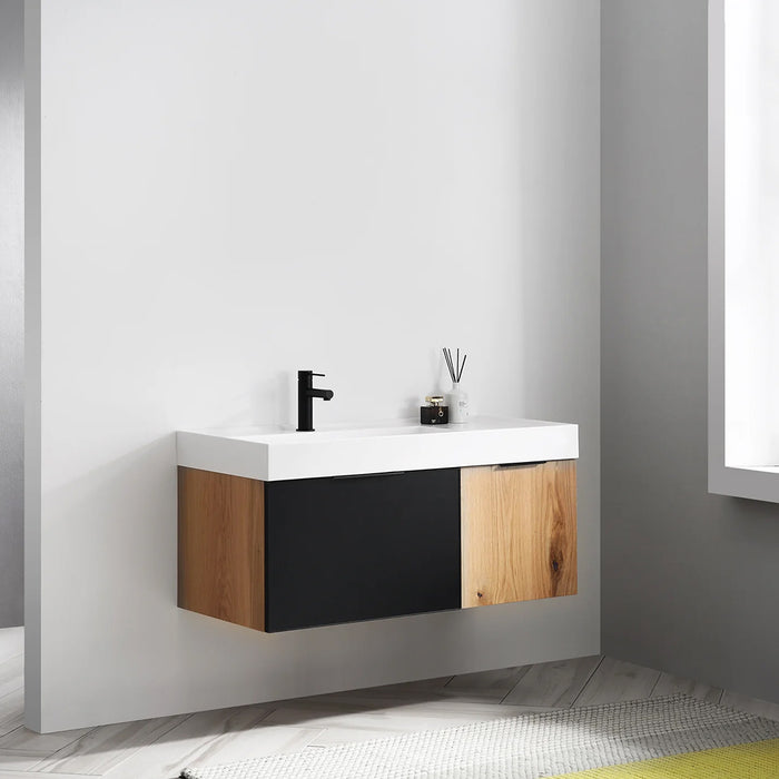 Lugano 2 Drawers Bathroom Vanity with Acrylic Sink - Wall Mount - 42" Wood/Matte Black Glass/Maple