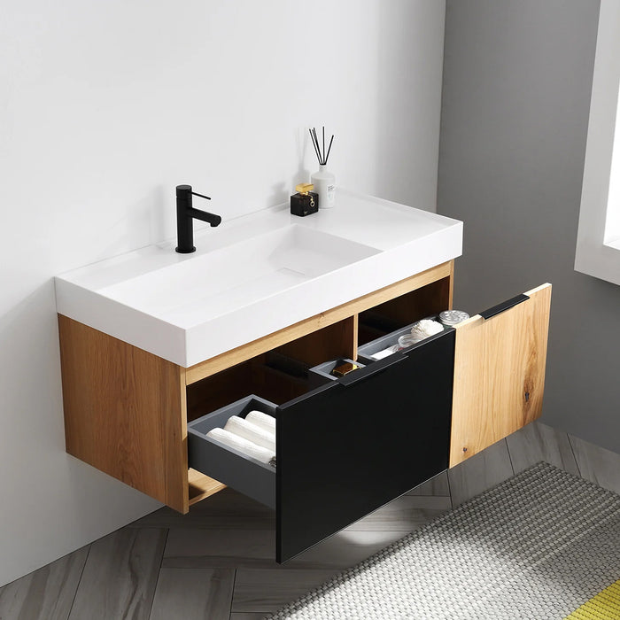 Lugano 2 Drawers Bathroom Vanity with Acrylic Sink - Wall Mount - 42" Wood/Matte Black Glass/Maple