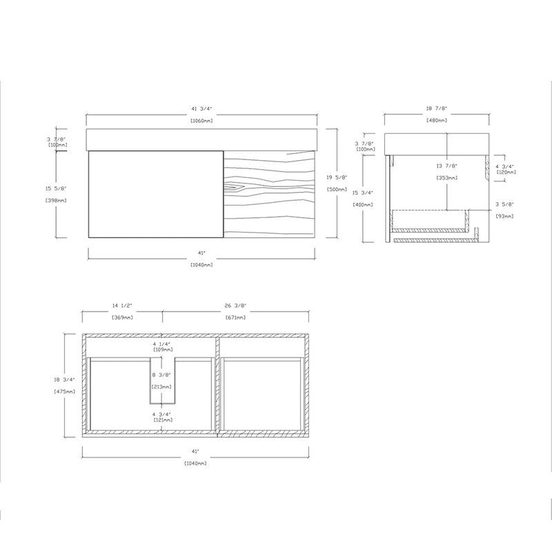 Lugano 2 Drawers Bathroom Vanity with Acrylic Sink - Wall Mount - 42" Wood/Matte Black Glass/Maple