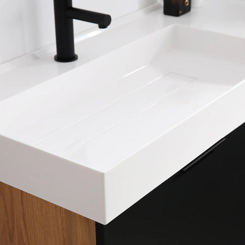 Lugano 2 Drawers Bathroom Vanity with Acrylic Sink - Wall Mount - 42" Wood/Matte Black Glass/Maple