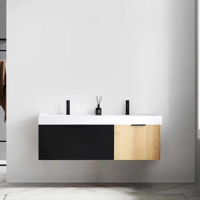 Lugano 2 Drawers Bathroom Vanity with Acrylic Sink - Wall Mount - 55" Wood/Matte Black Glass/Maple