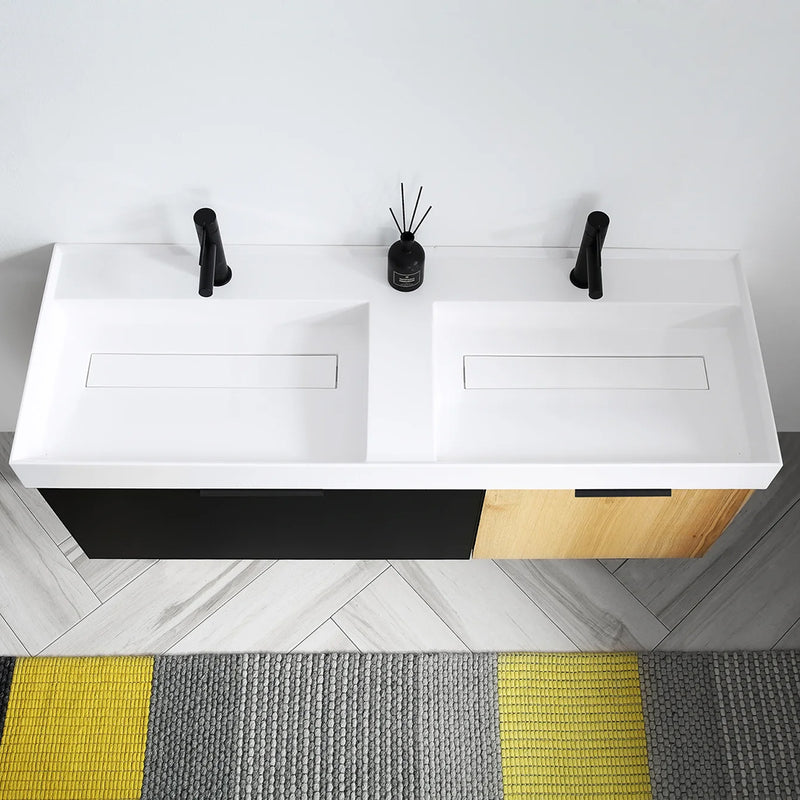 Lugano 2 Drawers Bathroom Vanity with Acrylic Sink - Wall Mount - 55" Wood/Matte Black Glass/Maple