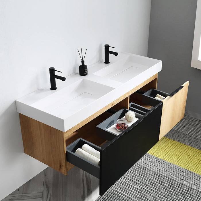 Lugano 2 Drawers Bathroom Vanity with Acrylic Sink - Wall Mount - 55" Wood/Matte Black Glass/Maple