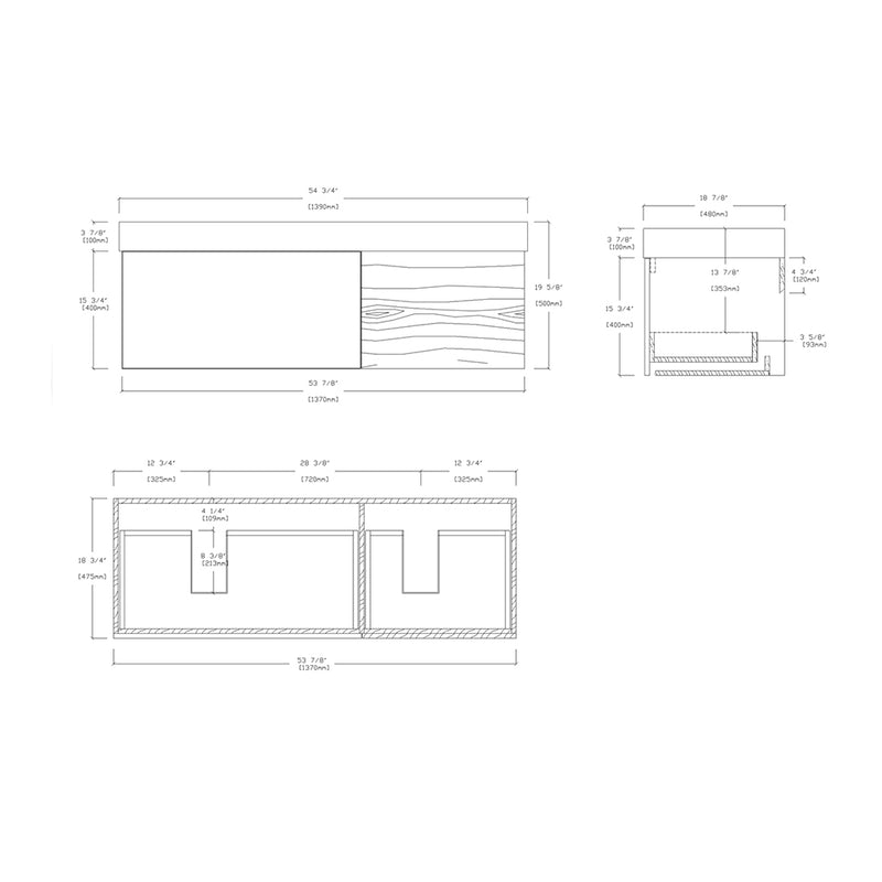 Lugano 2 Drawers Bathroom Vanity with Acrylic Sink - Wall Mount - 55" Wood/Matte Black Glass/Maple