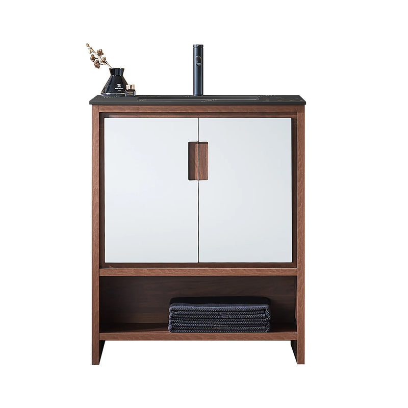 Lyon 2 Doors And 1 Open Shelf Bathroom Vanity with Black Stone Sink - Floor Mount - 30" Wood/Beige/Walnut