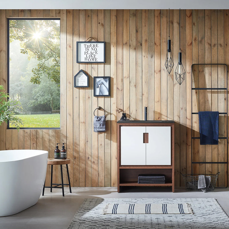 Lyon 2 Doors And 1 Open Shelf Bathroom Vanity with Black Stone Sink - Floor Mount - 30" Wood/Beige/Walnut