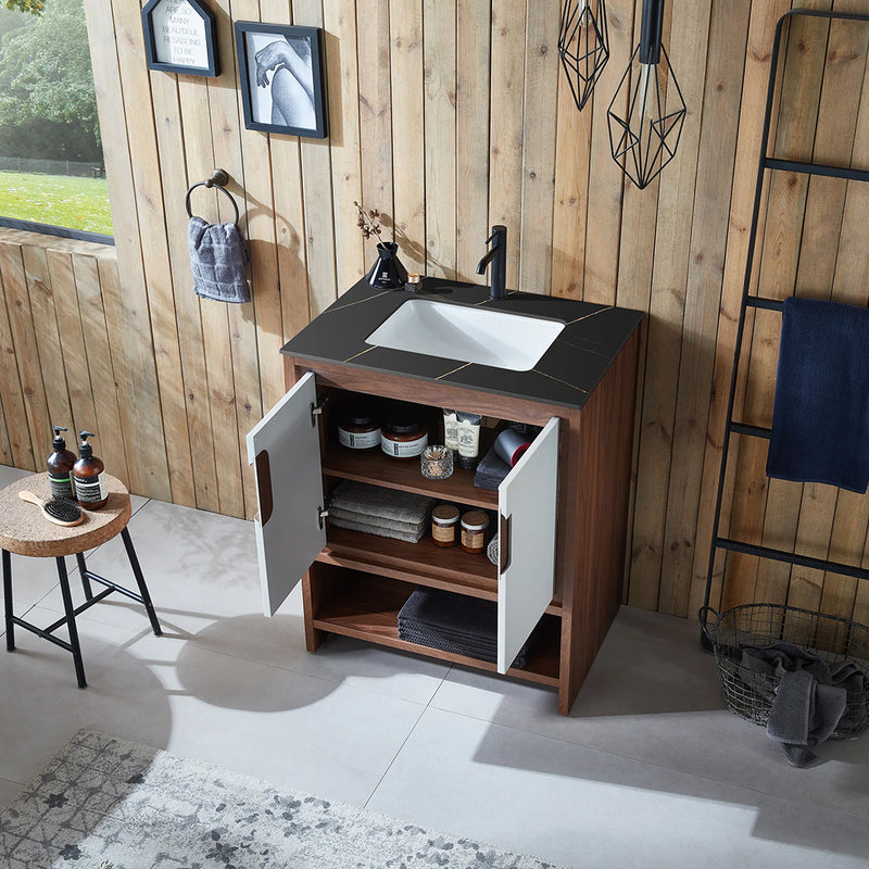 Lyon 2 Doors And 1 Open Shelf Bathroom Vanity with Black Stone Sink - Floor Mount - 30" Wood/Beige/Walnut