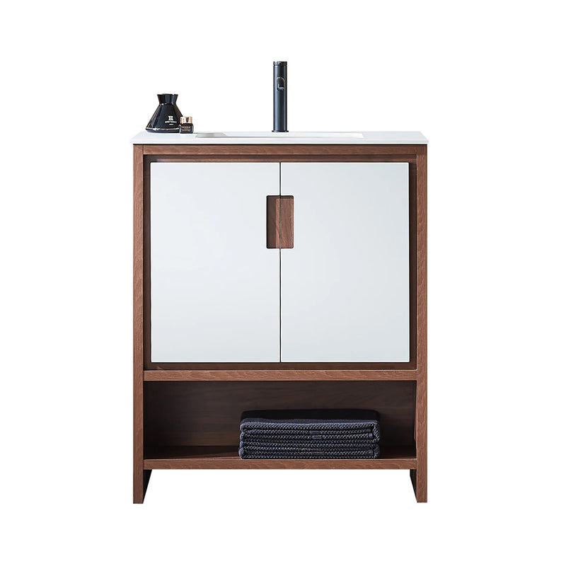 Lyon 2 Doors And 1 Open Shelf Bathroom Vanity with White Stone Sink - Floor Mount - 30" Wood/Beige/Walnut