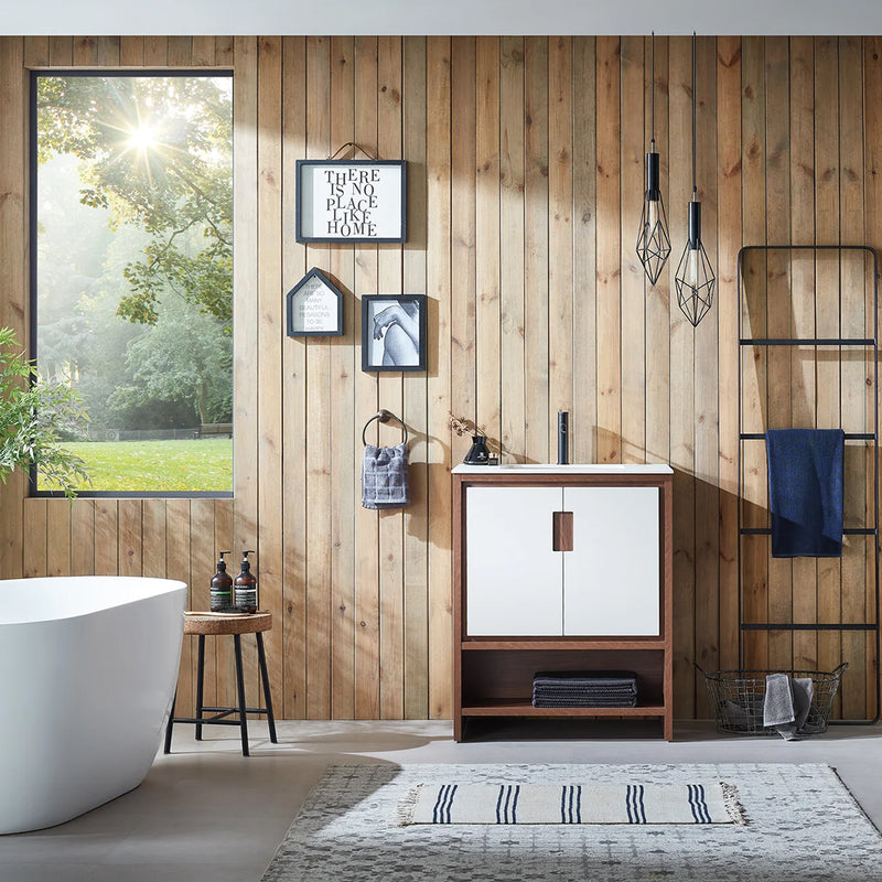 Lyon 2 Doors And 1 Open Shelf Bathroom Vanity with White Stone Sink - Floor Mount - 30" Wood/Beige/Walnut