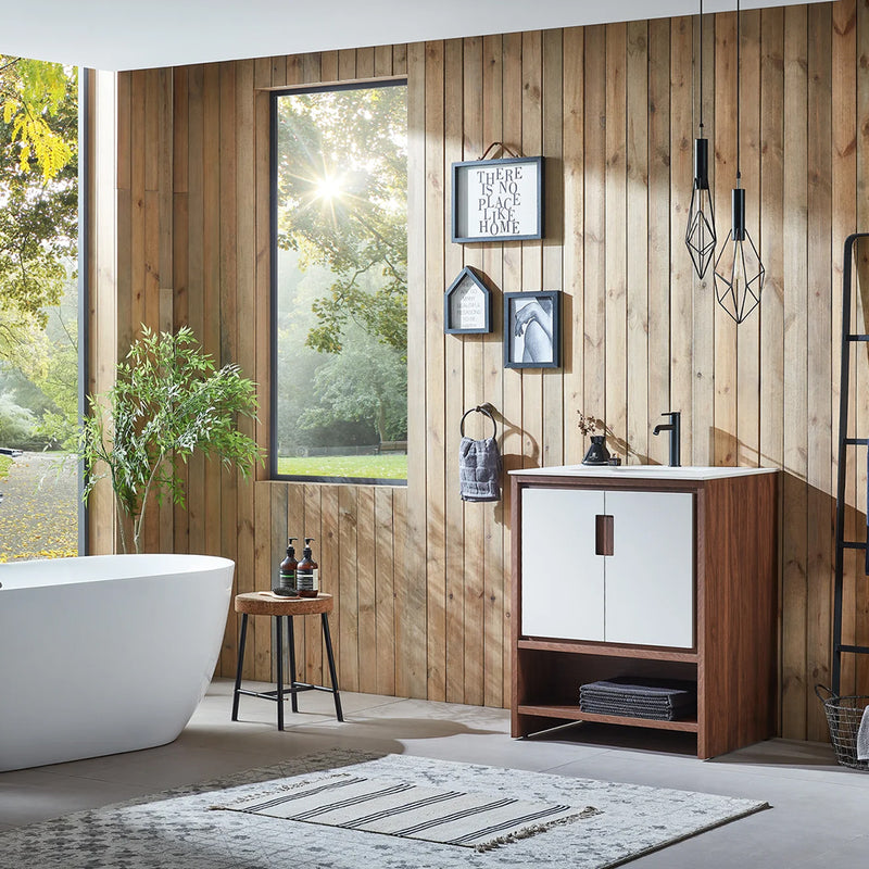 Lyon 2 Doors And 1 Open Shelf Bathroom Vanity with White Stone Sink - Floor Mount - 30" Wood/Beige/Walnut