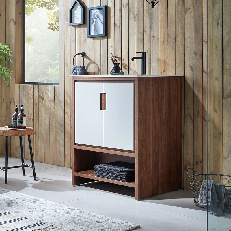 Lyon 2 Doors And 1 Open Shelf Bathroom Vanity with White Stone Sink - Floor Mount - 30" Wood/Beige/Walnut