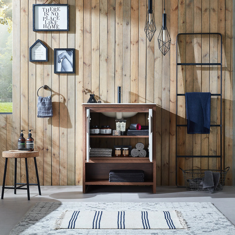 Lyon 2 Doors And 1 Open Shelf Bathroom Vanity with White Stone Sink - Floor Mount - 30" Wood/Beige/Walnut