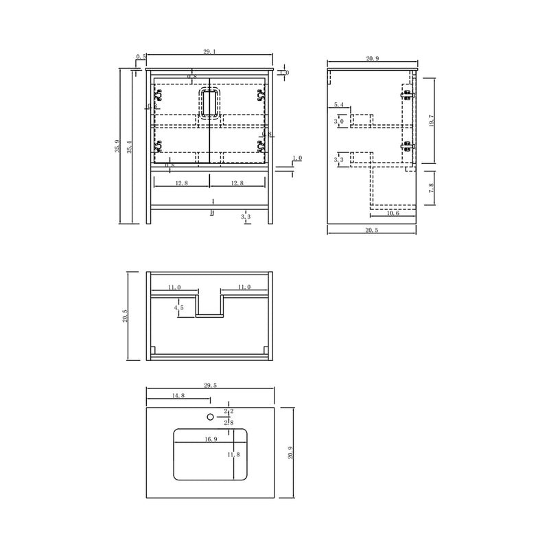 Lyon 2 Doors And 1 Open Shelf Bathroom Vanity with White Stone Sink - Floor Mount - 30" Wood/Beige/Walnut