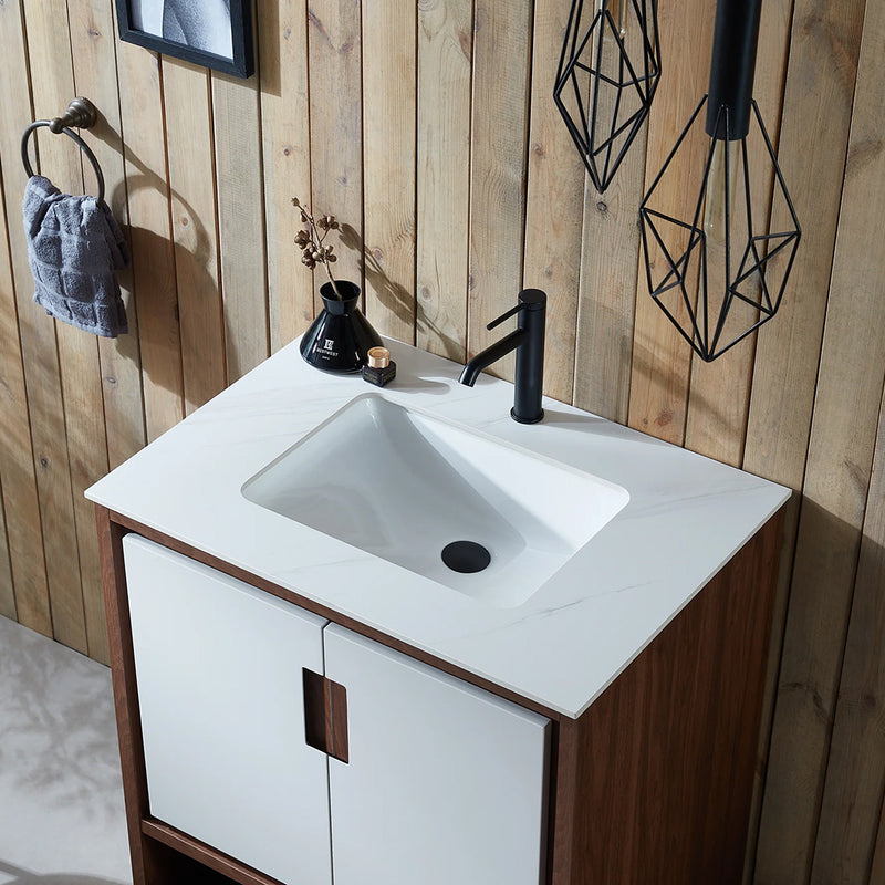 Lyon 2 Doors And 1 Open Shelf Bathroom Vanity with White Stone Sink - Floor Mount - 30" Wood/Beige/Walnut