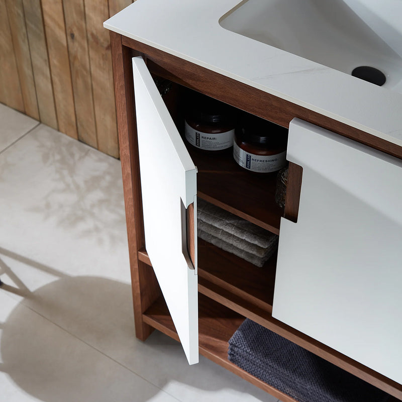 Lyon 2 Doors And 1 Open Shelf Bathroom Vanity with White Stone Sink - Floor Mount - 30" Wood/Beige/Walnut