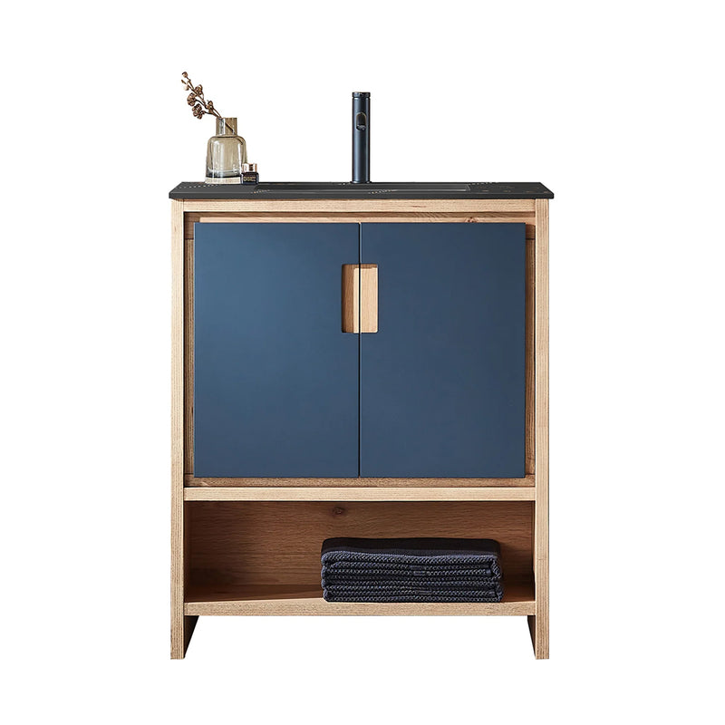 Lyon 2 Doors And 1 Open Shelf Bathroom Vanity with Black Stone Sink - Floor Mount - 30" Wood/Black Of Night/Maple