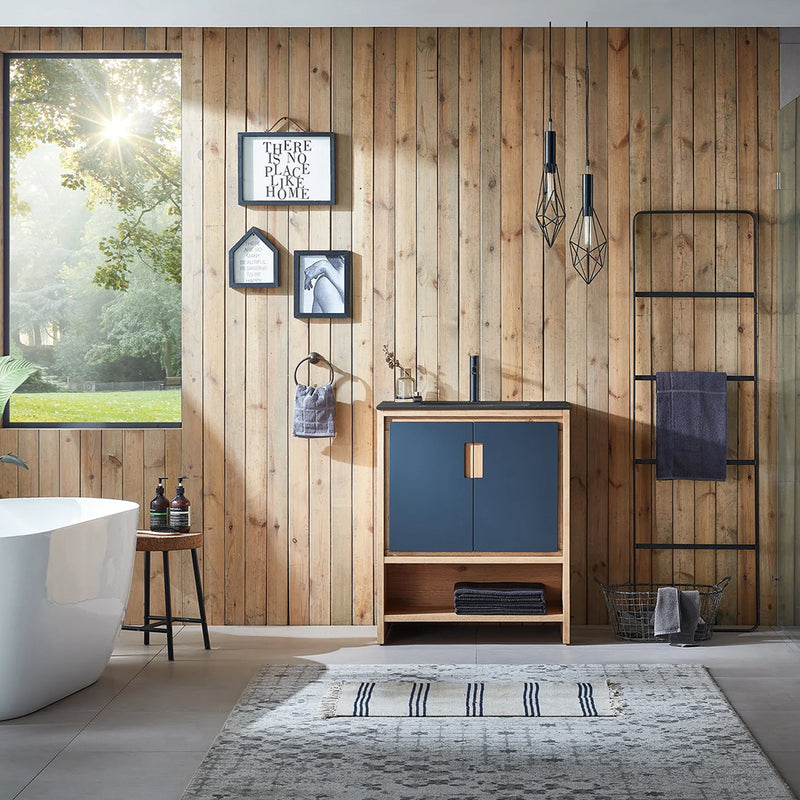 Lyon 2 Doors And 1 Open Shelf Bathroom Vanity with Black Stone Sink - Floor Mount - 30" Wood/Black Of Night/Maple