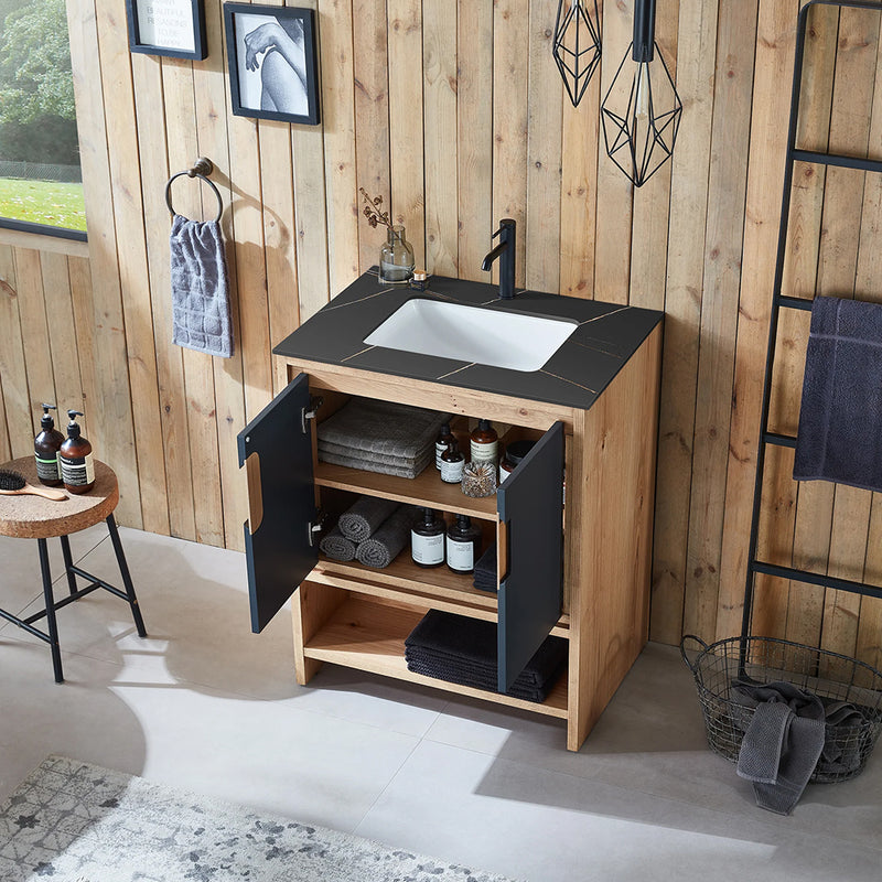 Lyon 2 Doors And 1 Open Shelf Bathroom Vanity with Black Stone Sink - Floor Mount - 30" Wood/Black Of Night/Maple