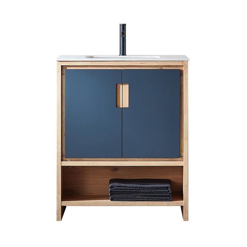 Lyon 2 Doors And 1 Open Shelf Bathroom Vanity with White Stone Sink - Floor Mount - 30" Wood/Black Of Night/Maple