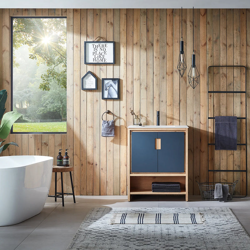 Lyon 2 Doors And 1 Open Shelf Bathroom Vanity with White Stone Sink - Floor Mount - 30" Wood/Black Of Night/Maple