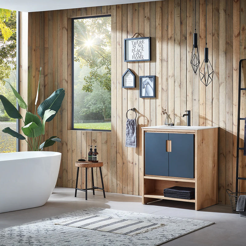 Lyon 2 Doors And 1 Open Shelf Bathroom Vanity with White Stone Sink - Floor Mount - 30" Wood/Black Of Night/Maple