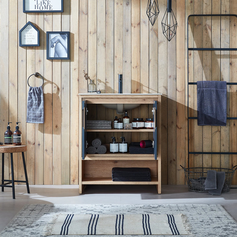 Lyon 2 Doors And 1 Open Shelf Bathroom Vanity with White Stone Sink - Floor Mount - 30" Wood/Black Of Night/Maple