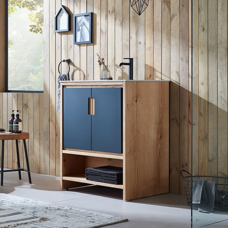 Lyon 2 Doors And 1 Open Shelf Bathroom Vanity with White Stone Sink - Floor Mount - 30" Wood/Black Of Night/Maple