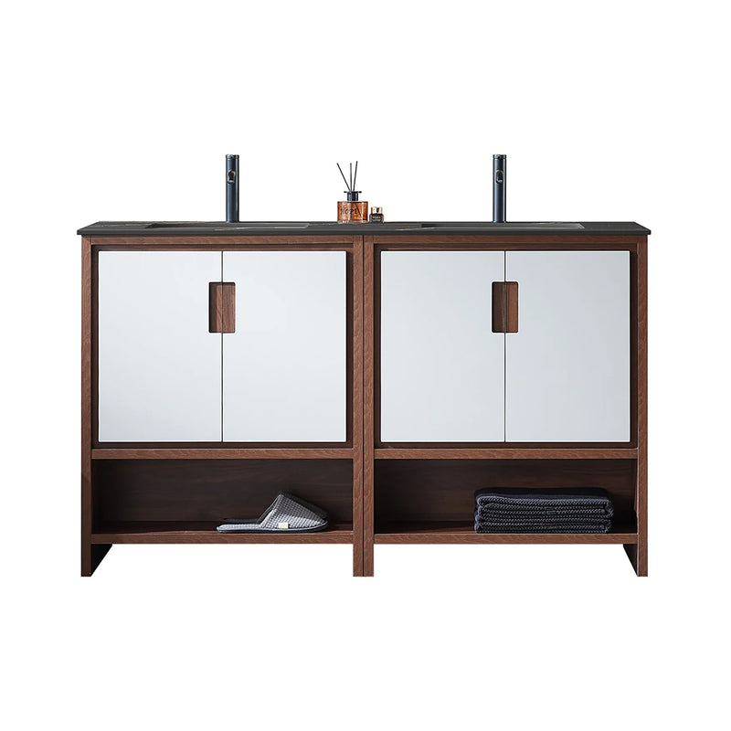 Lyon 4 Doors And 2 Open Shelf Bathroom Vanity with Black Stone Sink - Floor Mount - 60" Wood/Beige/Walnut