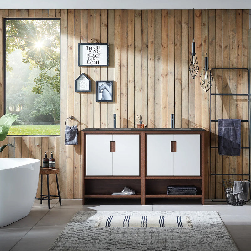 Lyon 4 Doors And 2 Open Shelf Bathroom Vanity with Black Stone Sink - Floor Mount - 60" Wood/Beige/Walnut