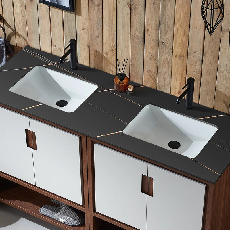 Lyon 4 Doors And 2 Open Shelf Bathroom Vanity with Black Stone Sink - Floor Mount - 60" Wood/Beige/Walnut