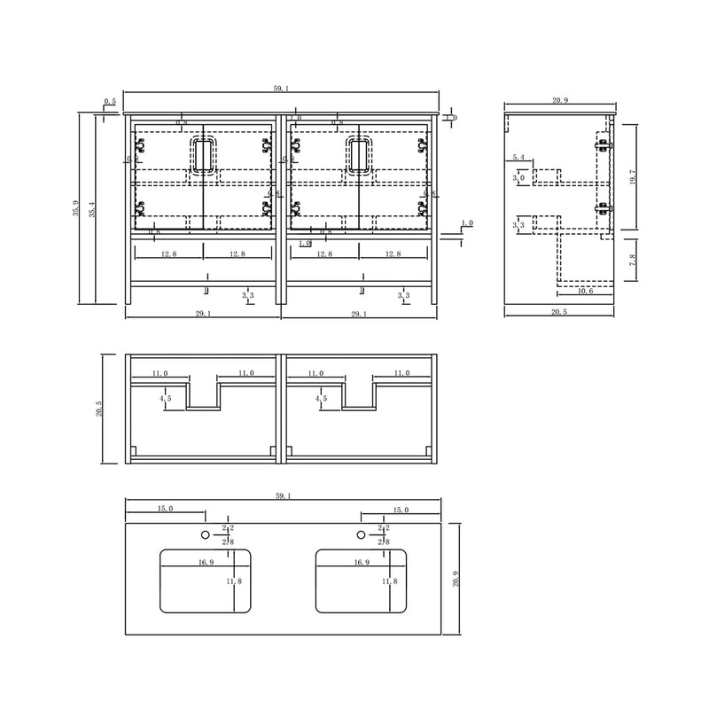 Lyon 4 Doors And 2 Open Shelf Bathroom Vanity with Black Stone Sink - Floor Mount - 60" Wood/Beige/Walnut