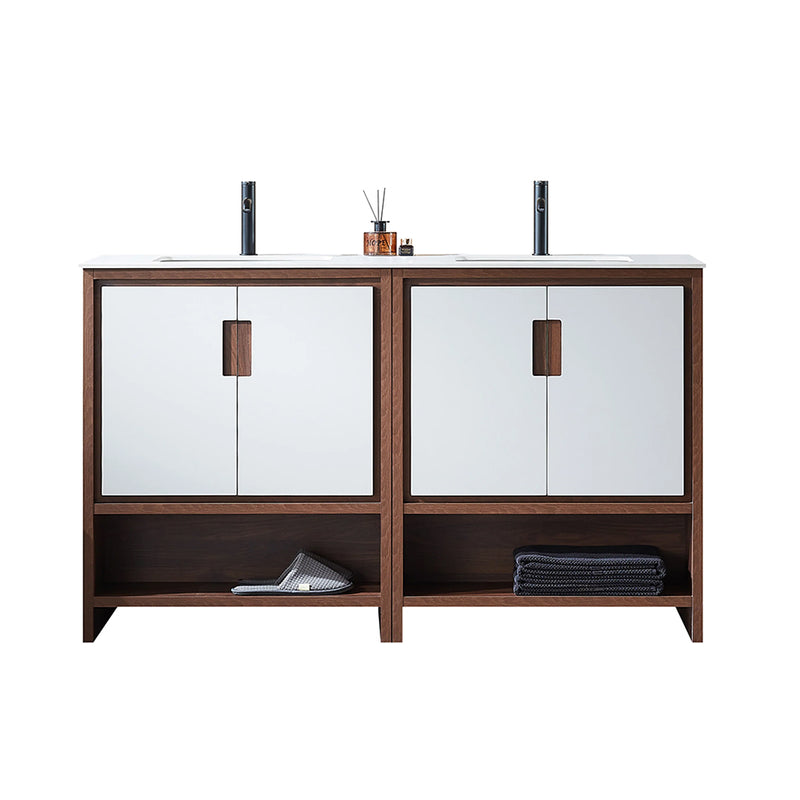 Lyon 4 Doors And 2 Open Shelf Bathroom Vanity with White Stone Sink - Floor Mount - 60" Wood/Beige/Walnut
