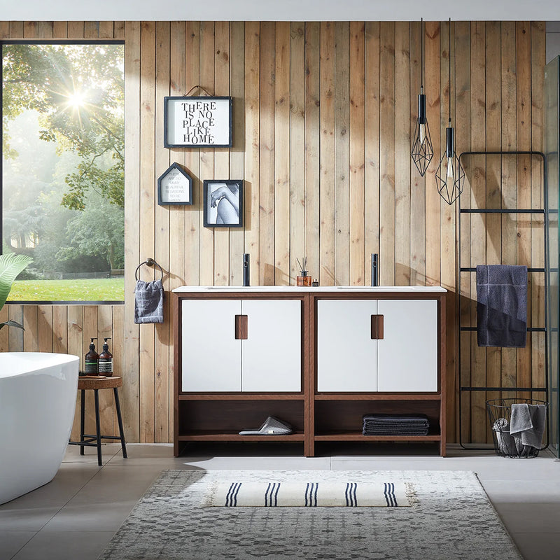 Lyon 4 Doors And 2 Open Shelf Bathroom Vanity with White Stone Sink - Floor Mount - 60" Wood/Beige/Walnut