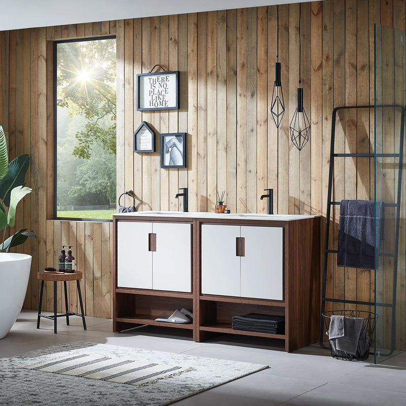 Lyon 4 Doors And 2 Open Shelf Bathroom Vanity with White Stone Sink - Floor Mount - 60" Wood/Beige/Walnut