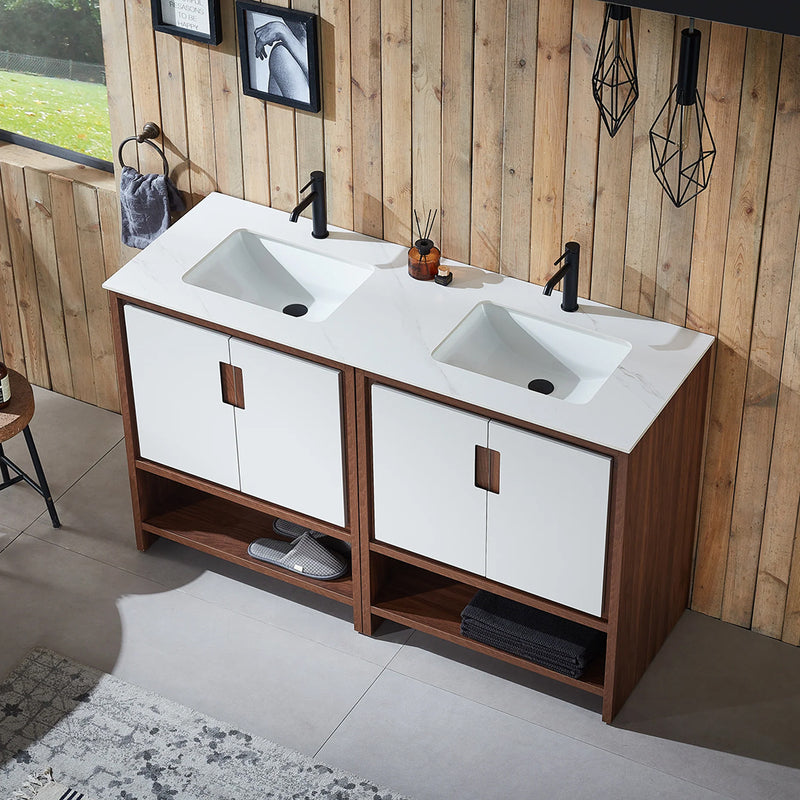 Lyon 4 Doors And 2 Open Shelf Bathroom Vanity with White Stone Sink - Floor Mount - 60" Wood/Beige/Walnut