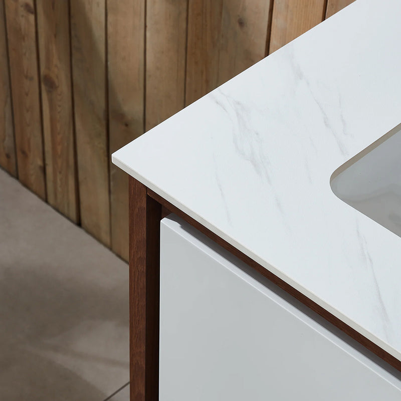 Lyon 4 Doors And 2 Open Shelf Bathroom Vanity with White Stone Sink - Floor Mount - 60" Wood/Beige/Walnut